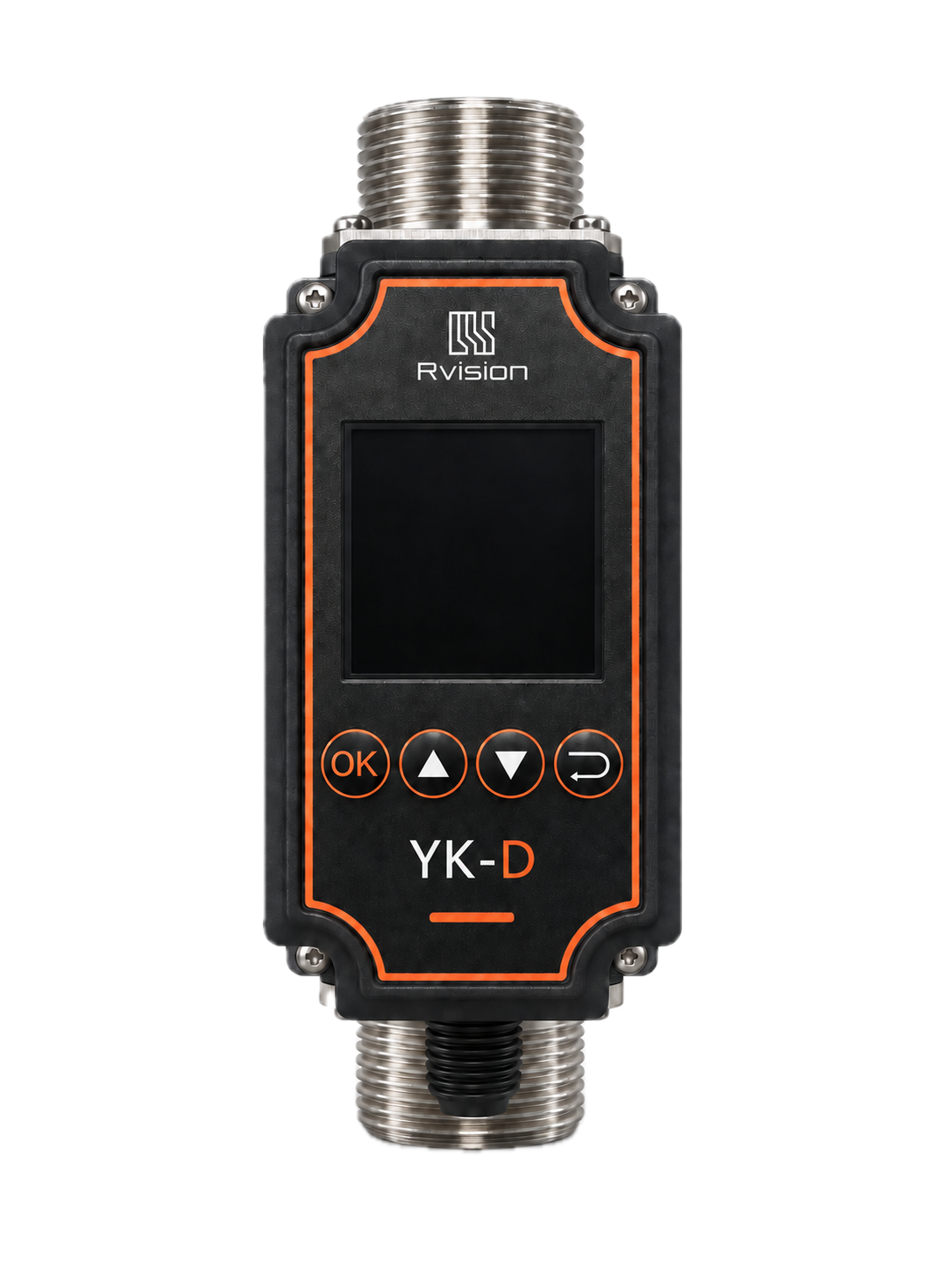 Rvision YK-D 流量计实物，主屏持续显示测量数据
