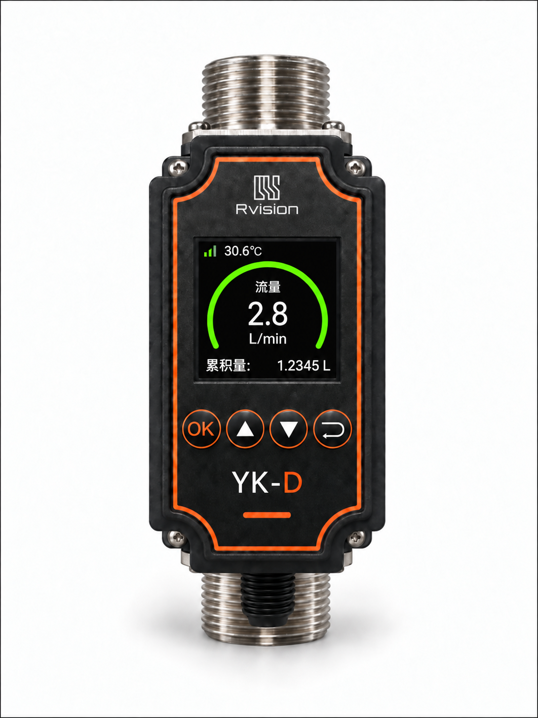 YK-D 通过式超声波流量计亮屏正面，显示流量及温度